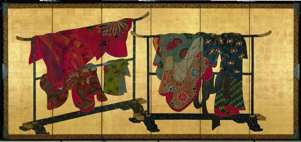 Paravent à six panneaux représentant des kimonos suspendus (tagasode) (paravent droit) couleurs sur papier, première moitié du XIXe siècle, H. 153,7 ; L. 349,2 cm, Collection Matsuzakaya. Crédits : J. Front Retailing Archives Foundation Inc./Nagoya City Museum 