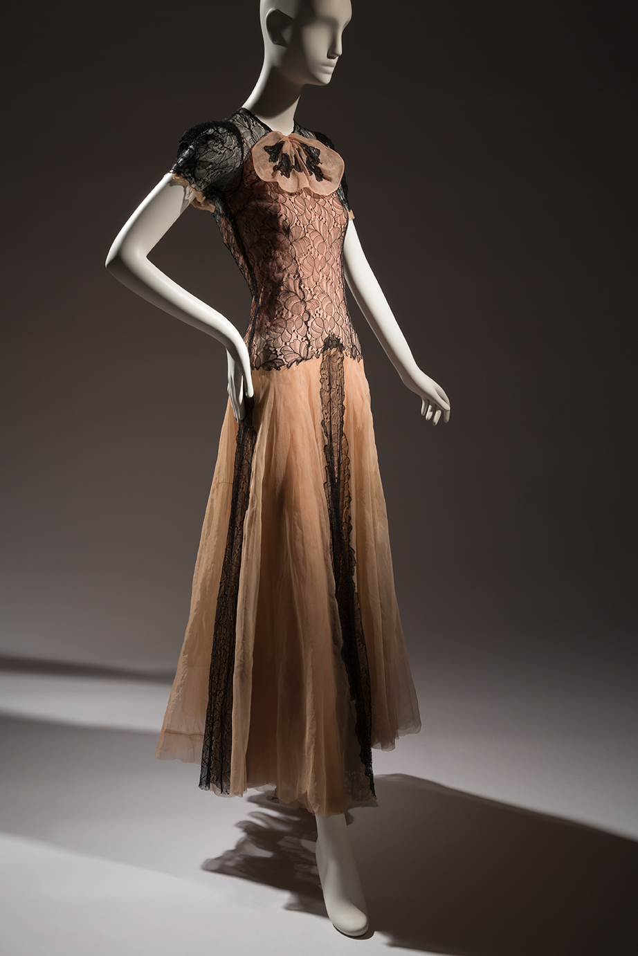 Barbara Karinska, black lace and peach silk organza evening dress