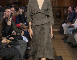 Model on the runway at the Uma Wang fashion show in Paris, Spring Summer 2027 Ready To Wear Fashion Week, Runway Look #005