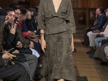 Model on the runway at the Uma Wang fashion show in Paris, Spring Summer 2027 Ready To Wear Fashion Week, Runway Look #005