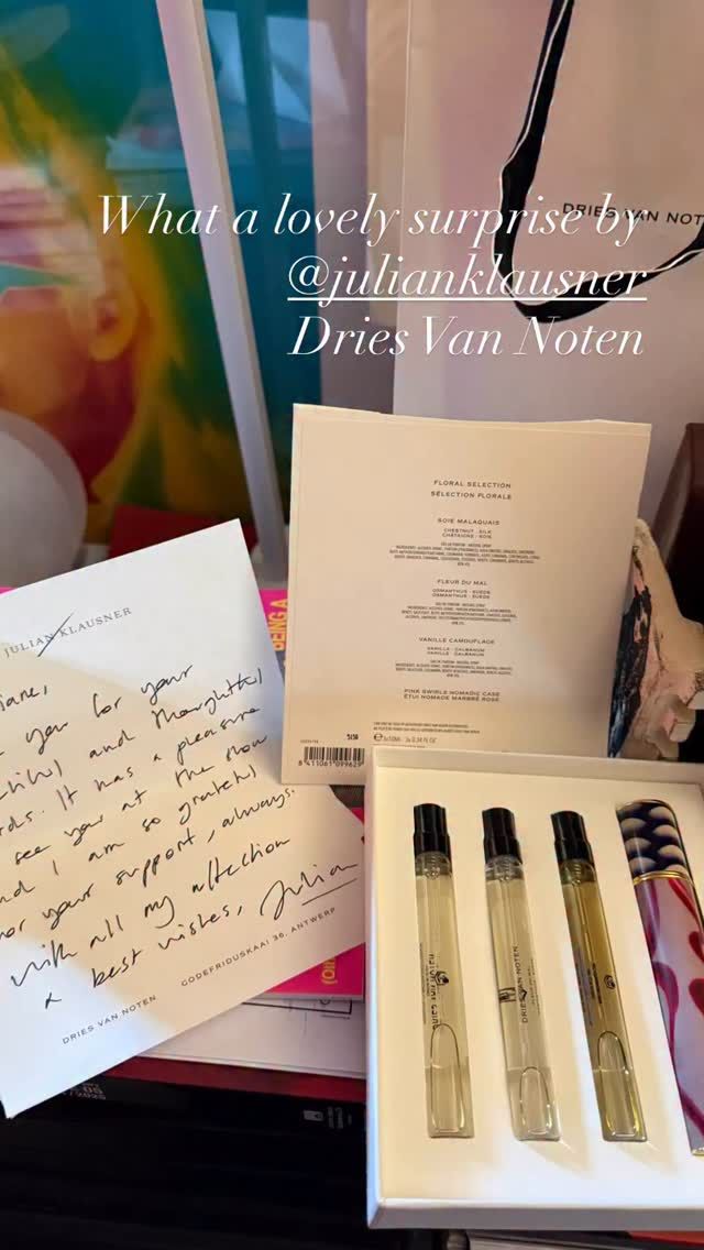 I am not the best at unboxing but what a beautiful surprise. A hand written note from @julianklausner really touched my heart and a selection of 3 @driesvannoten  perfumes and the lovely perfume holder funny I've received so many compliments when I wear #rosevetivert I cannot wait to try #soieMalaquais #fleurdumal and vanilleCamouflage and held in this beautiful case. Thank you @julianklausner so sweet, teally touched by your note.
